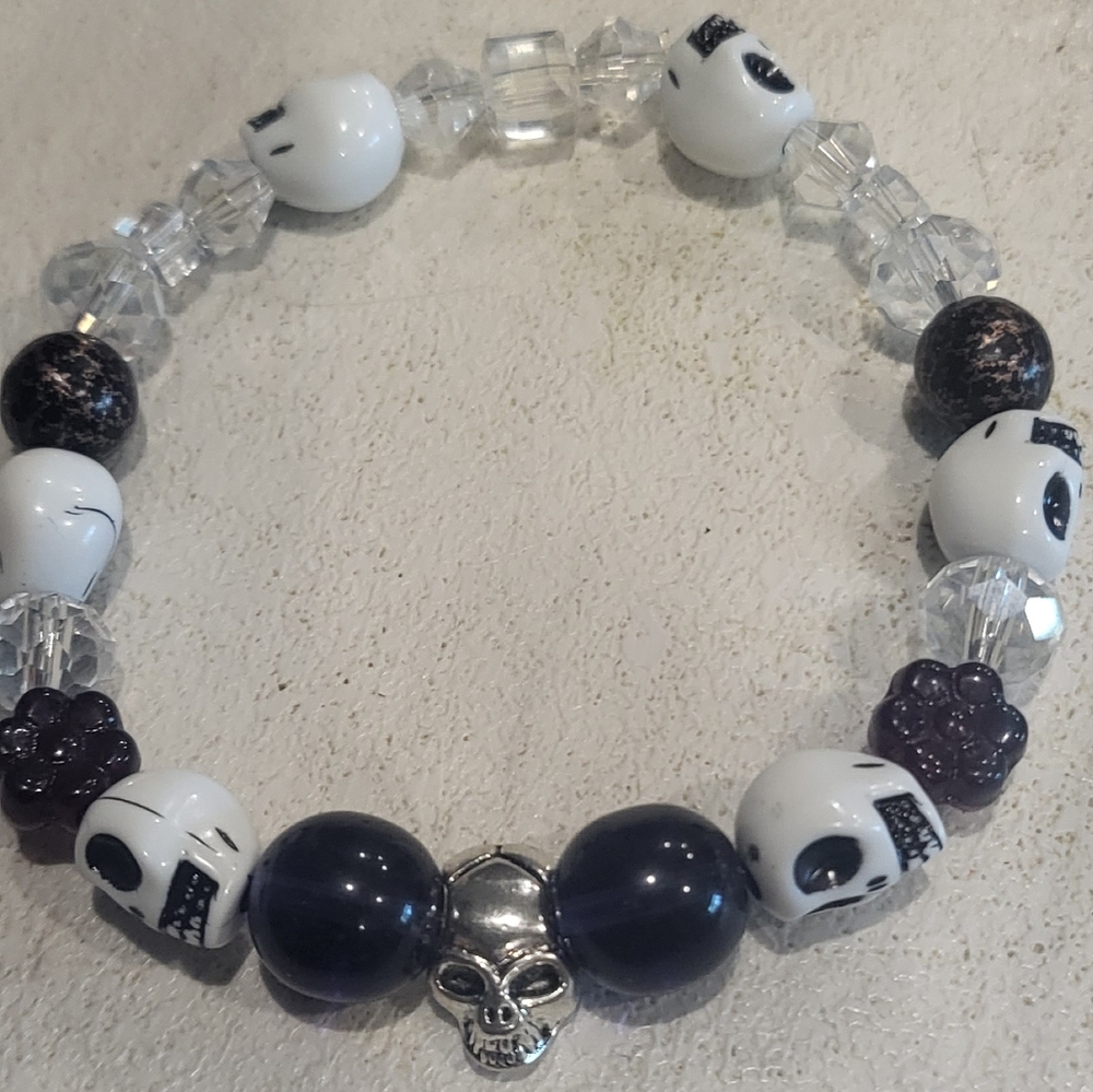 Skull Beaded Bracelet with Black and Silver Accents